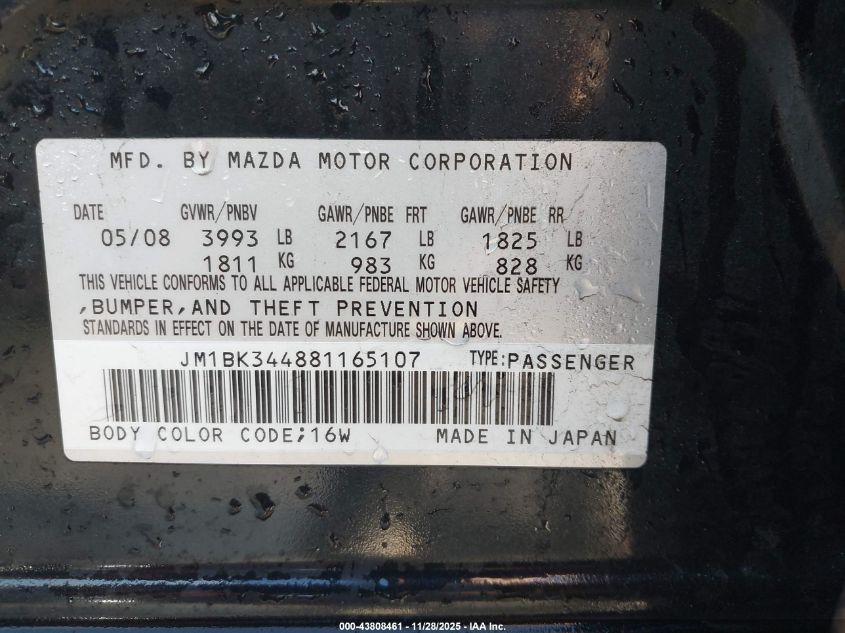 2008 Mazda 3 Hatchback VIN: JM1BK344881165107 Lot: 43808461