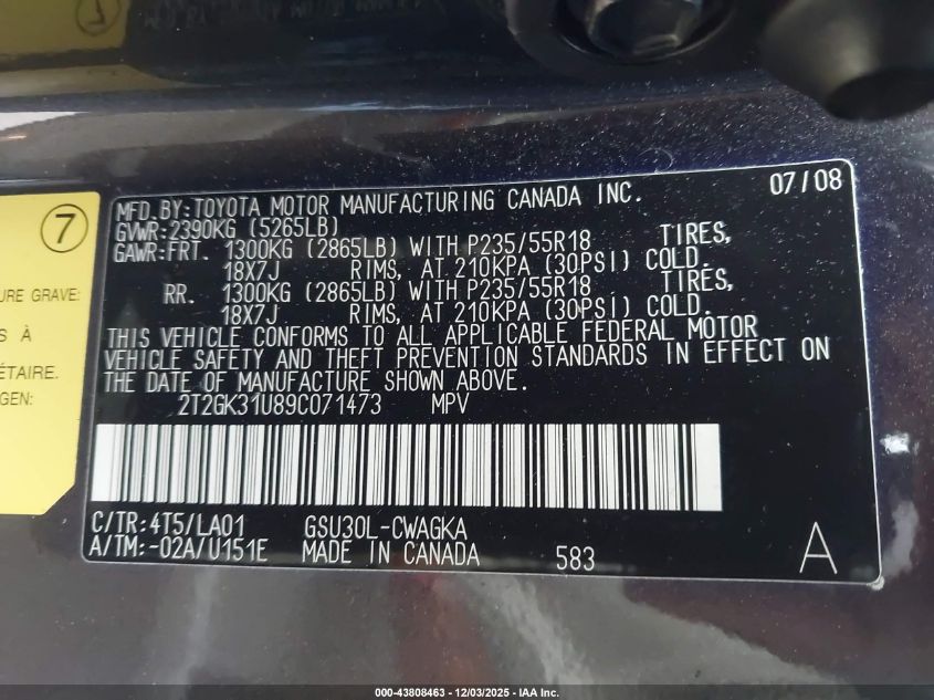 2009 Lexus Rx 350 VIN: 2T2GK31U89C071473 Lot: 43808463