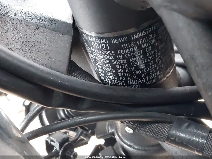 2021 Kawasaki Ex650 N VIN: ML5EXEN17MDA41804 Lot: 43808468