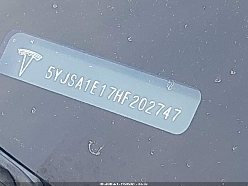 2017 Tesla Model S 60/75 VIN: 5YJSA1E17HF202747 Lot: 43808471