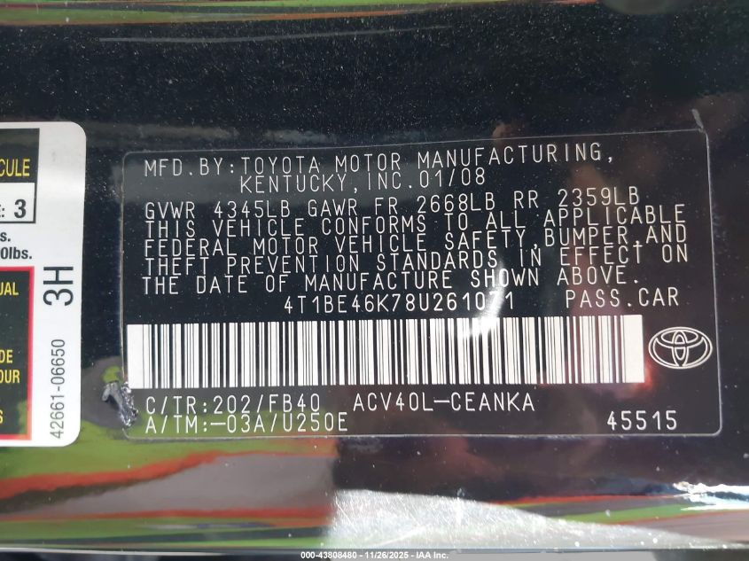 2008 Toyota Camry Le VIN: 4T1BE46K78U261071 Lot: 43808480