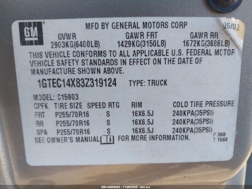 2003 GMC Sierra 1500 Work Truck VIN: 1GTEC14X83Z319124 Lot: 43808483