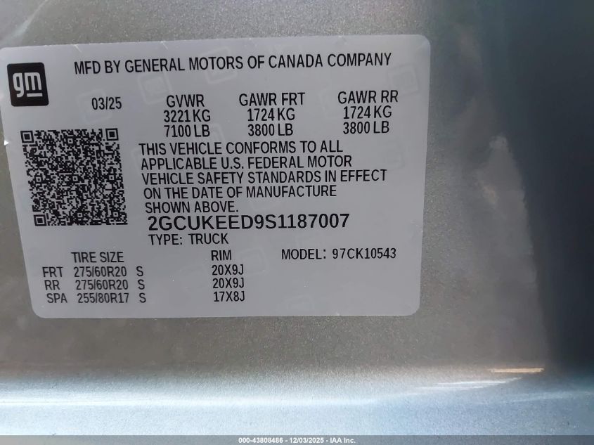 2025 Chevrolet Silverado 1500 4Wd Short Bed Rst VIN: 2GCUKEED9S1187007 Lot: 43808486