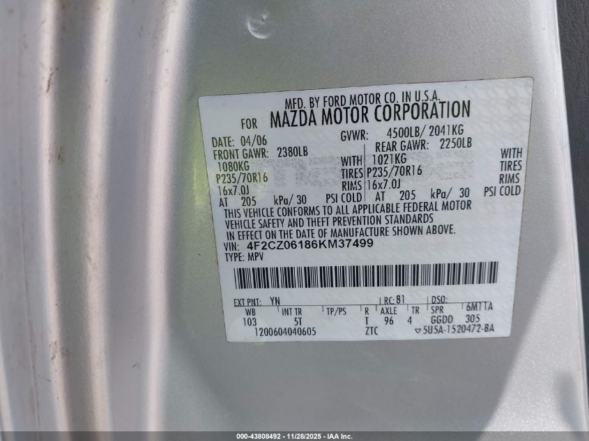2006 Mazda Tribute S VIN: 4F2CZ06186KM37499 Lot: 43808492