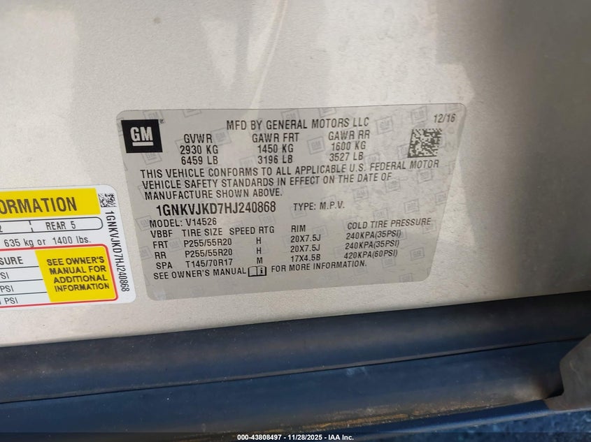 1GNKVJKD7HJ240868 2017 CHEVROLET TRAVERSE photo no. 9