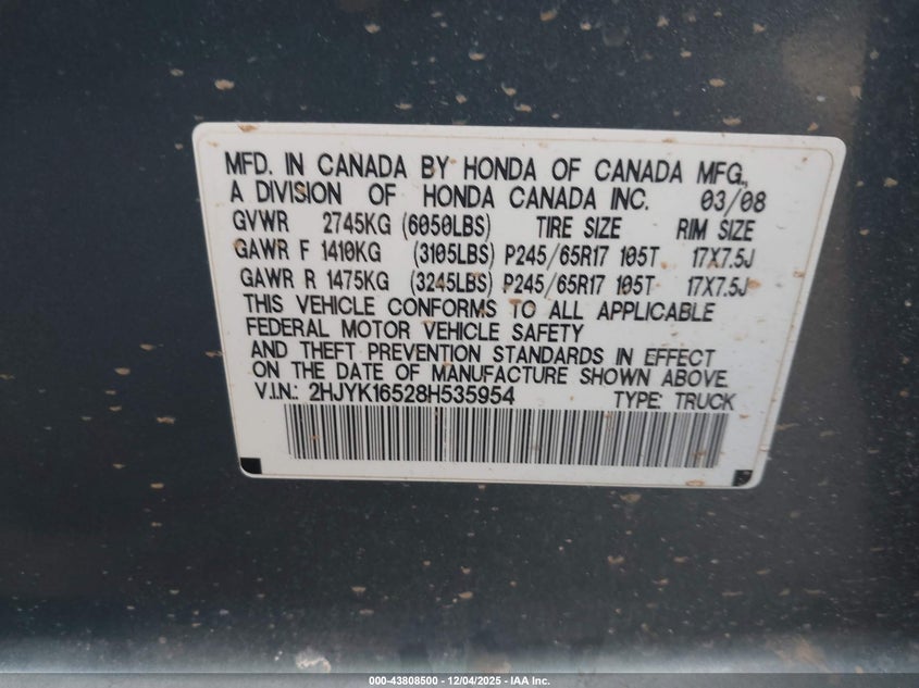 2HJYK16528H535954 2008 HONDA RIDGELINE photo no. 9