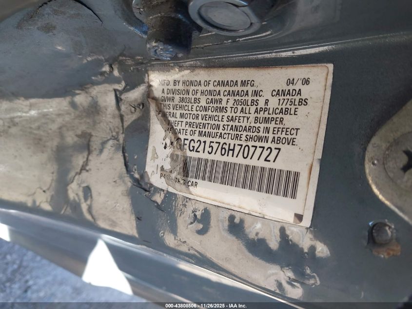 2006 Honda Civic Si VIN: 2HGFG21576H707727 Lot: 43808506
