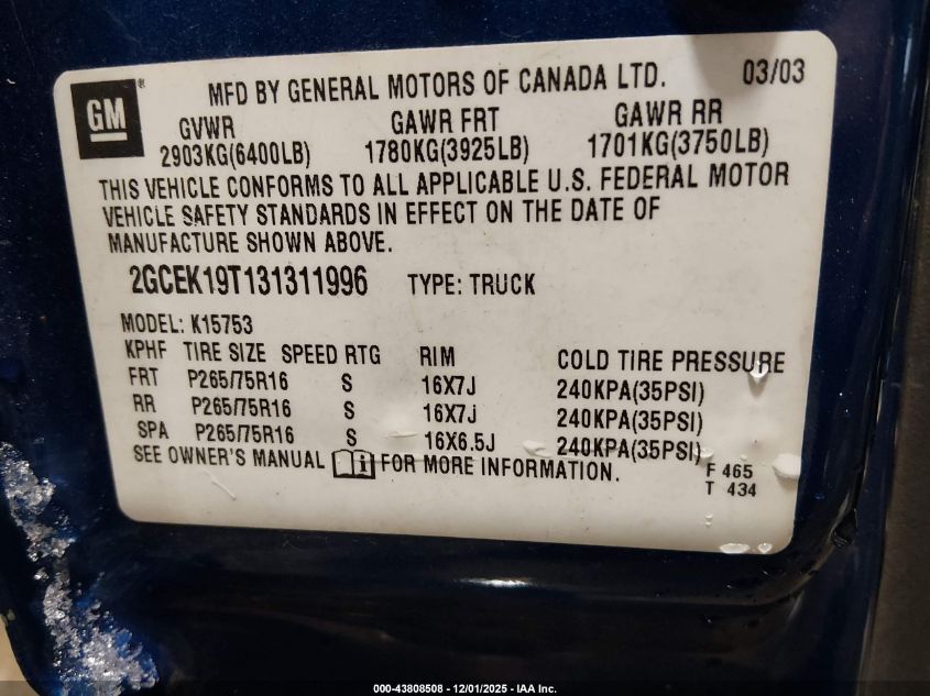 2003 Chevrolet Silverado 1500 Ls VIN: 2GCEK19T131311996 Lot: 43808508