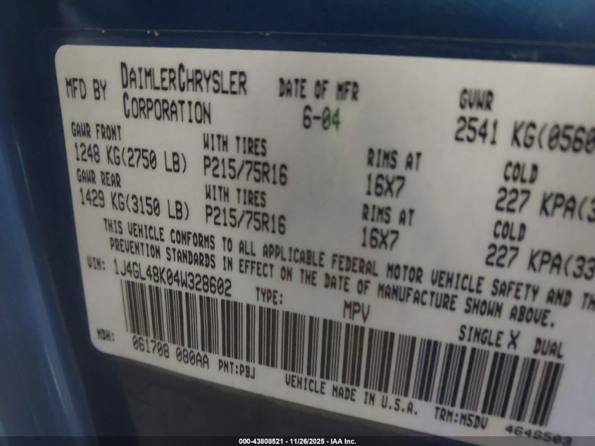 2004 Jeep Liberty Sport VIN: 1J4GL48K04W328602 Lot: 43808521