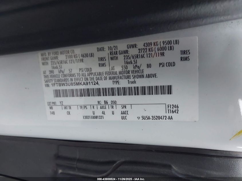 2021 Ford Transit-350 Cargo Van VIN: 1FTBW3U85MKA91124 Lot: 43808524