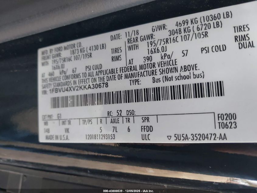 2019 Ford Transit-350 Xl VIN: 1FBVU4XV2KKA30678 Lot: 43808539