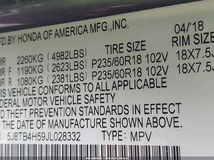 2018 Acura Rdx Technology Acurawatch Plus Packages/Technology Package VIN: 5J8TB4H59JL028332 Lot: 43808540