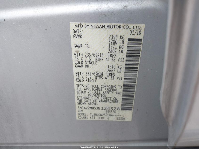 2018 Nissan Murano Sv VIN: 5N1AZ2MH5JN124528 Lot: 43808574