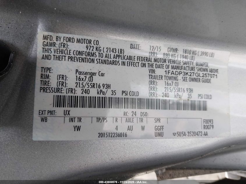 2016 Ford Focus Se VIN: 1FADP3K27GL257071 Lot: 43808576