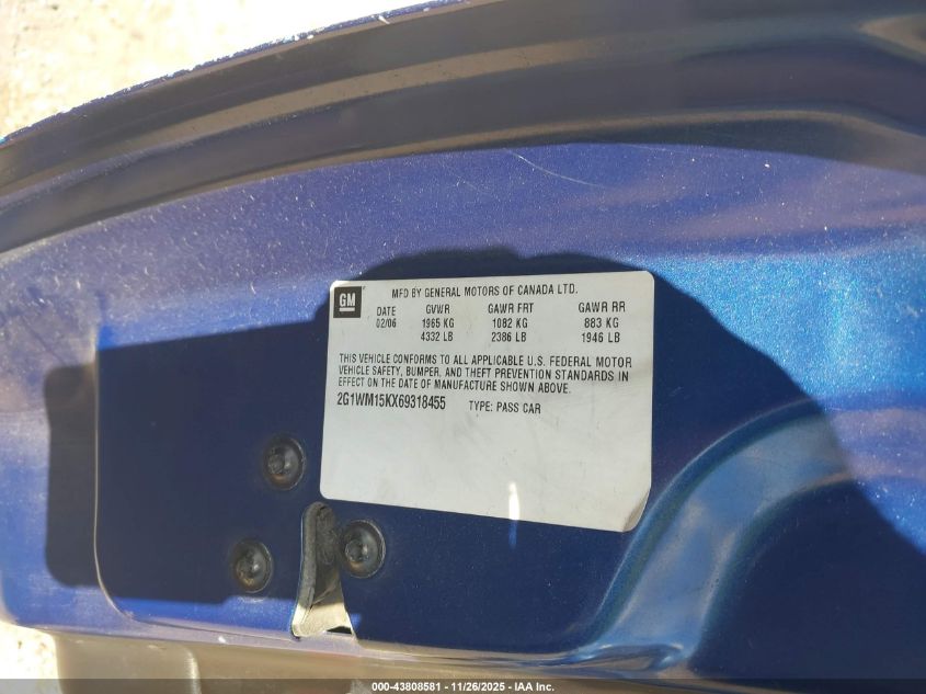 2006 Chevrolet Monte Carlo Lt VIN: 2G1WM15KX69318455 Lot: 43808581