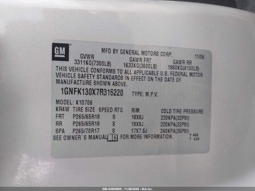 2007 Chevrolet Tahoe Lt VIN: 1GNFK130X7R316220 Lot: 43808585