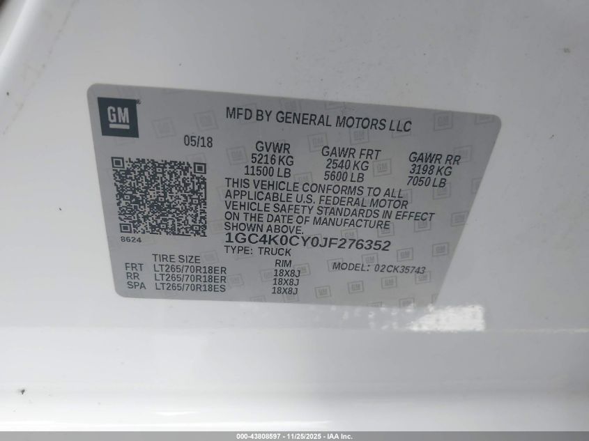 2018 Chevrolet Silverado 3500Hd Ltz VIN: 1GC4K0CY0JF276352 Lot: 43808597