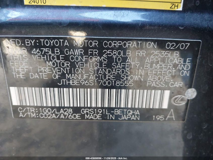 2007 Lexus Gs 350 VIN: JTHBE96S170018555 Lot: 43808596