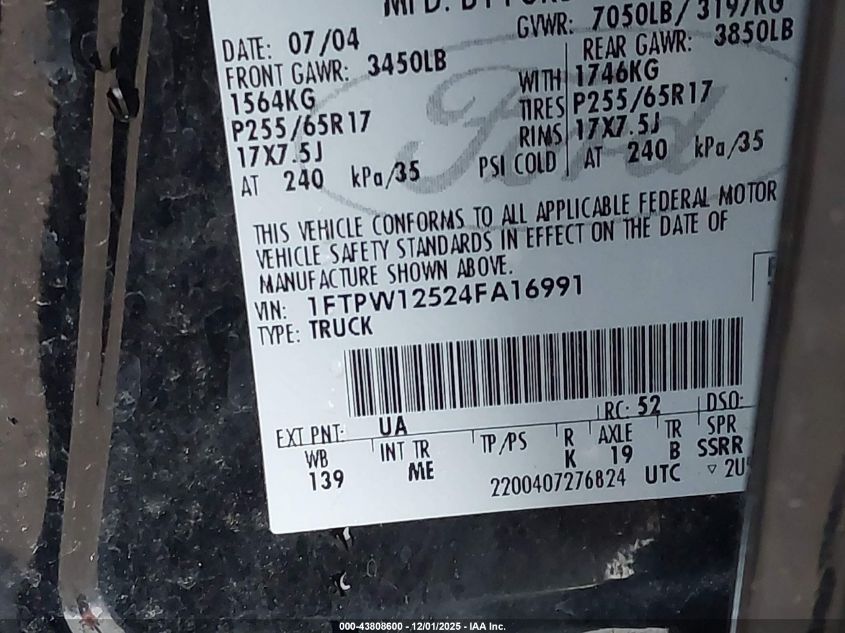 2004 Ford F-150 Lariat/Xlt VIN: 1FTPW12524FA16991 Lot: 43808600