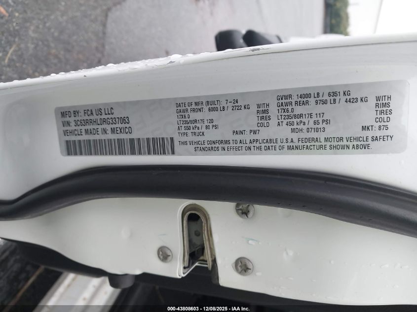 2024 Ram 3500 Big Horn 4X4 8' Box VIN: 3C63RRHL0RG337063 Lot: 43808603