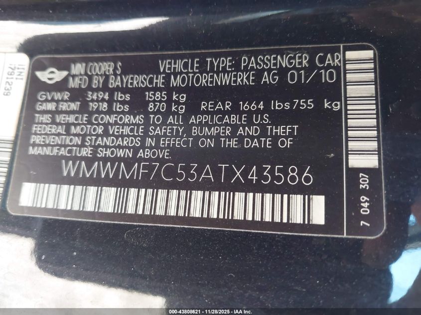 2010 Mini Cooper S VIN: WMWMF7C53ATX43586 Lot: 43808621