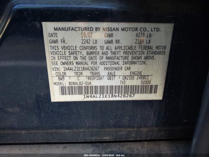 1N4AL21E18N426267 2008 NISSAN ALTIMA photo no. 9