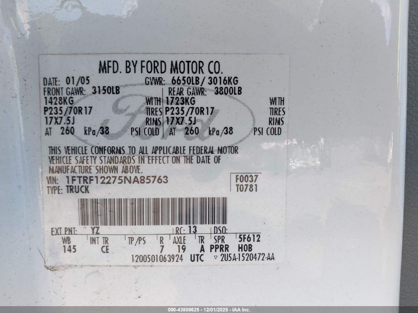 2005 Ford F150 Stx/Xl/Xlt VIN: 01FTRF12275NA8576 Lot: 43808625