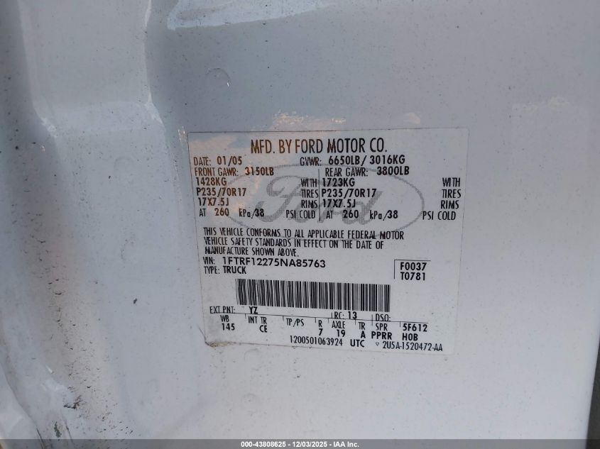 2005 Ford F150 Stx/Xl/Xlt VIN: 01FTRF12275NA8576 Lot: 43808625