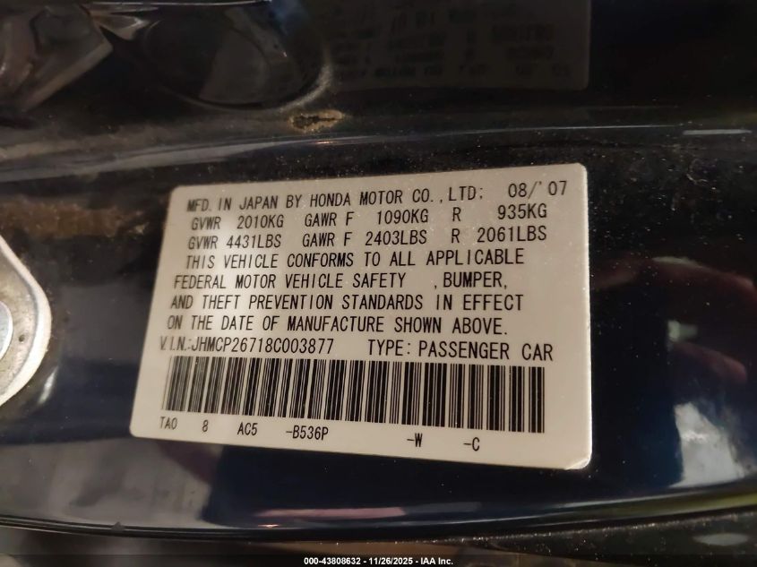 2008 Honda Accord 2.4 Ex VIN: JHMCP26718C003877 Lot: 43808632