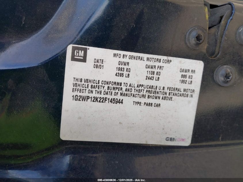 2002 Pontiac Grand Prix Gt VIN: 1G2WP12K22F145944 Lot: 43808636