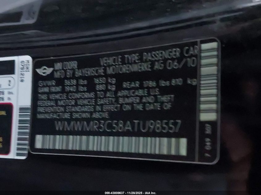 2010 Mini Cooper VIN: WMWMR3C58ATU98557 Lot: 43808637