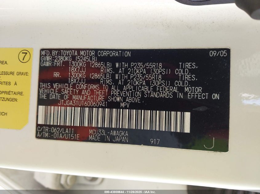 2006 Lexus Rx 330 VIN: JTJGA31U160060941 Lot: 43808644