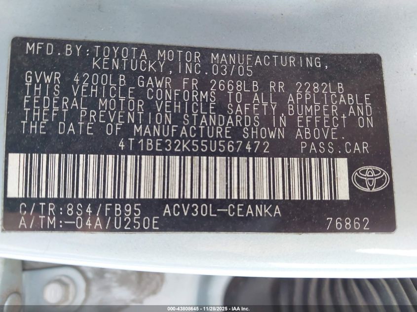 2005 Toyota Camry Le VIN: 4T1BE32K55U567472 Lot: 43808645
