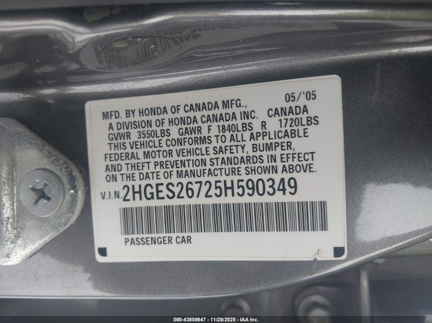 2005 Honda Civic Ex VIN: 2HGES26725H590349 Lot: 43808647