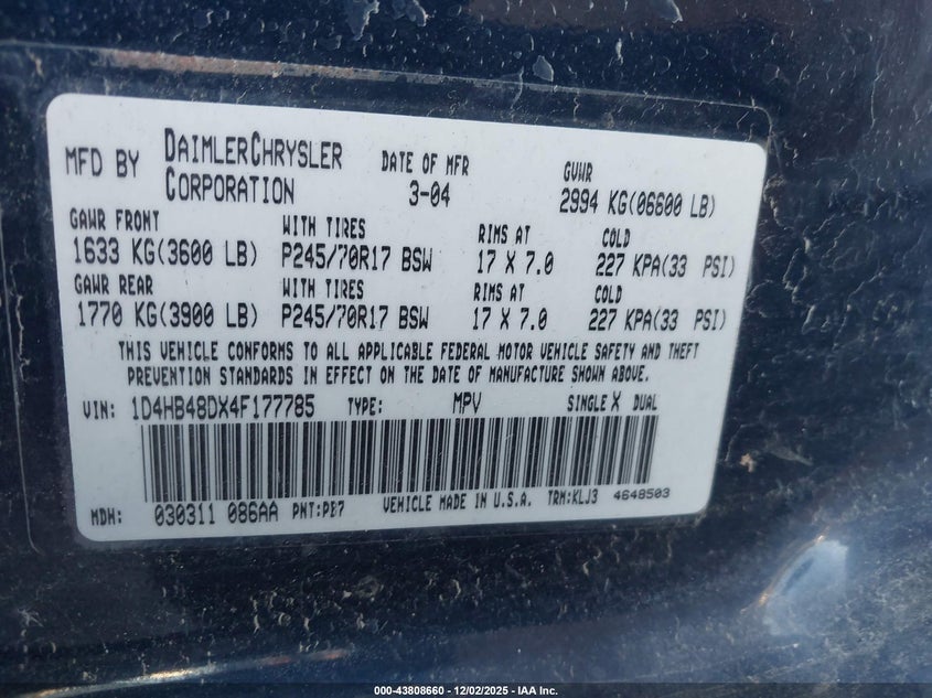 1D4HB48DX4F177785 2004 DODGE DURANGO photo no. 9