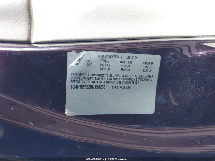 2008 Buick Lucerne Cxl VIN: 1G4HD57228U150266 Lot: 43808661
