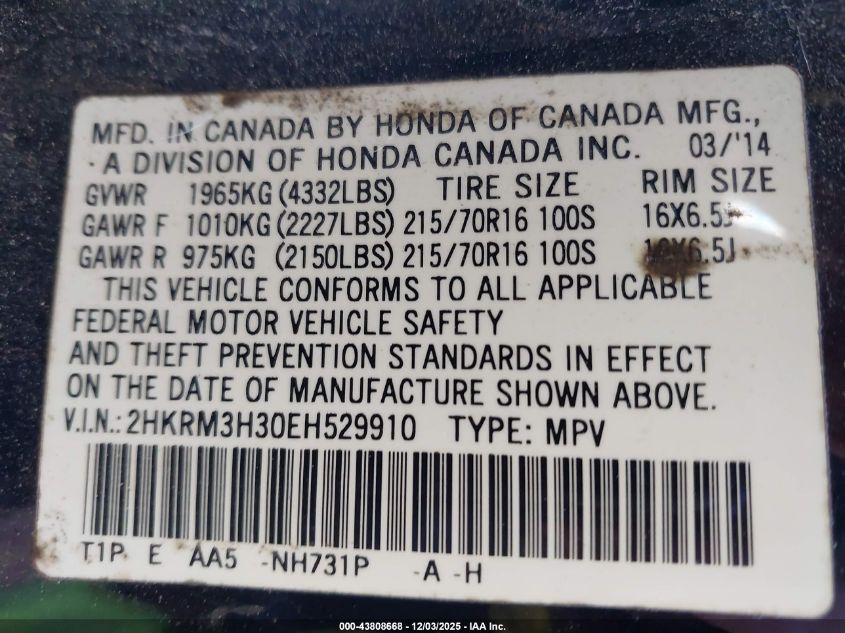 2014 Honda Cr-V Lx VIN: 2HKRM3H30EH529910 Lot: 43808668