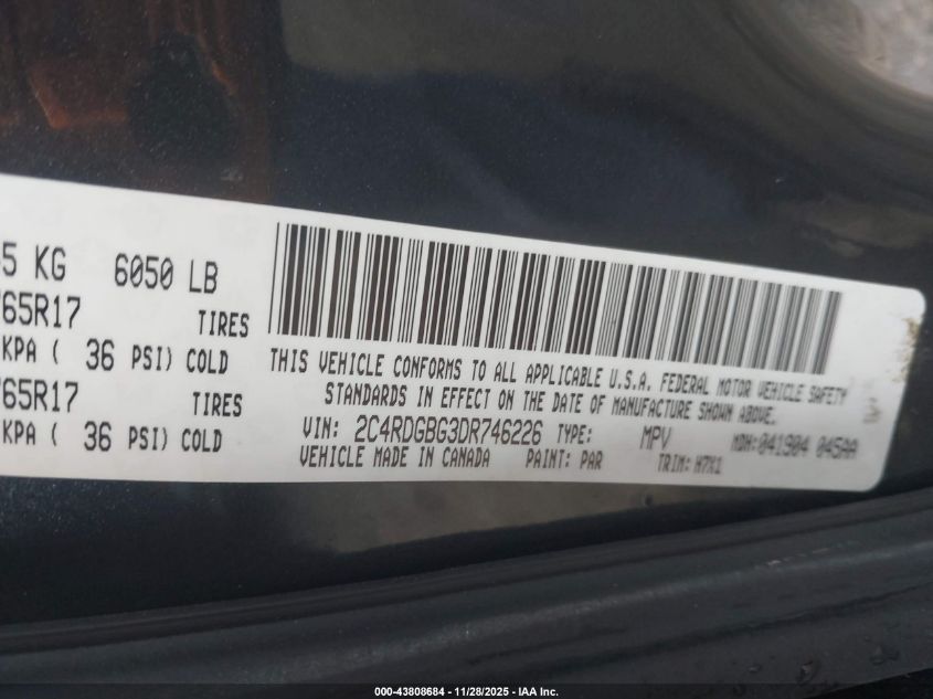 2013 Dodge Grand Caravan Se VIN: 2C4RDGBG3DR746226 Lot: 43808684