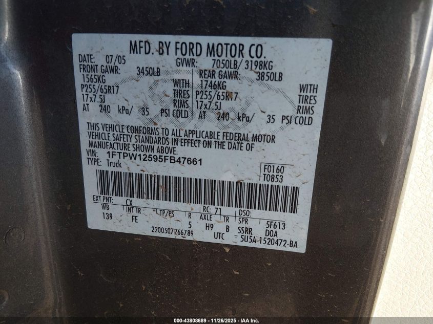 2005 Ford F-150 Lariat/Xlt VIN: 1FTPW12595FB47661 Lot: 43808689