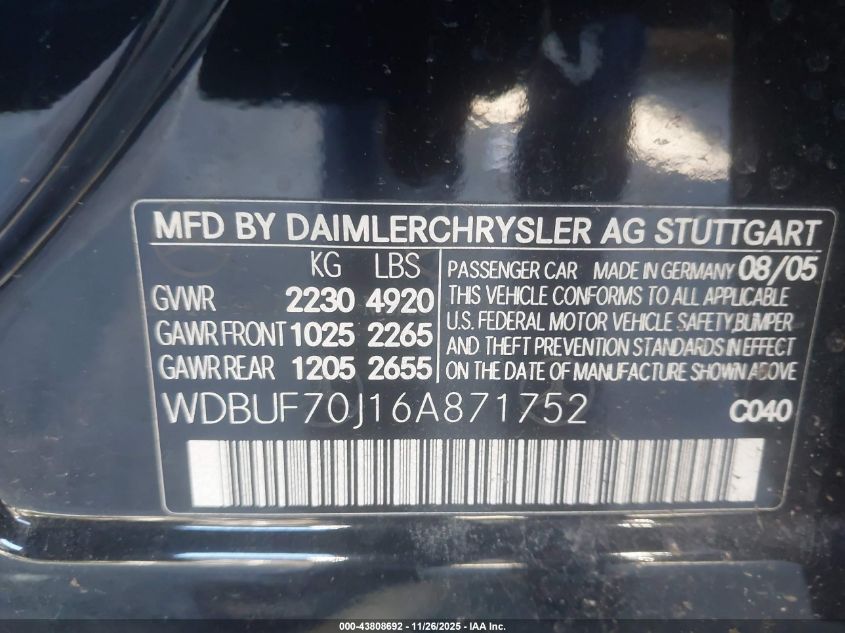 2006 Mercedes-Benz E 500 VIN: WDBUF70J16A871752 Lot: 43808692