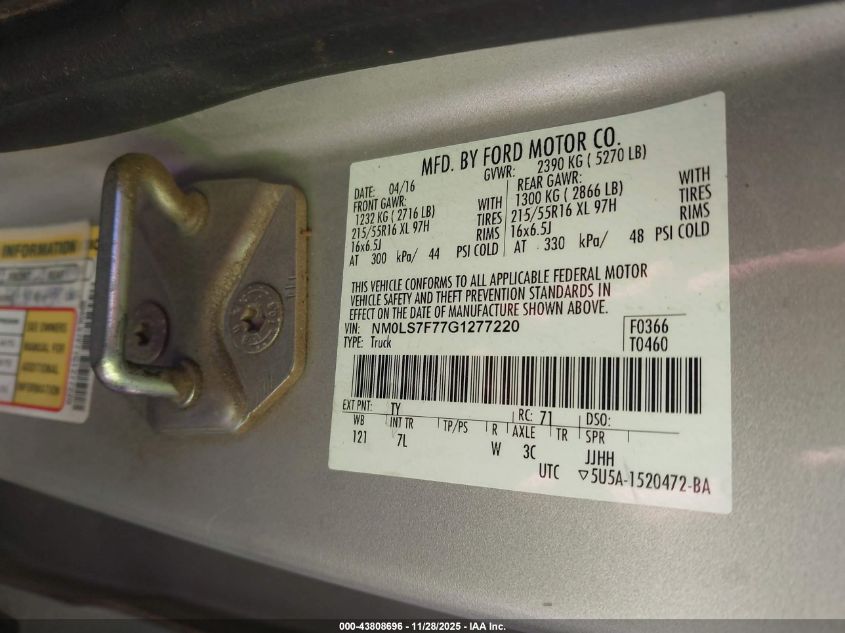 2016 Ford Transit Connect Xlt VIN: NM0LS7F77G1277220 Lot: 43808696