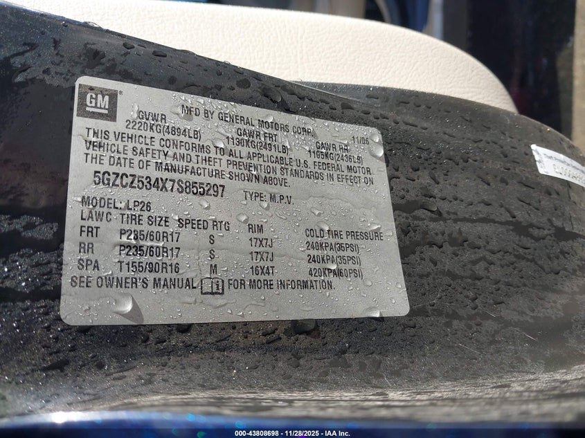 2007 Saturn Vue V6 VIN: 5GZCZ534X7S855297 Lot: 43808698