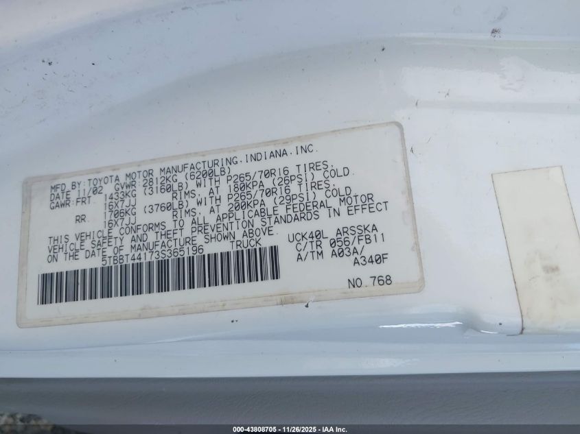 2003 Toyota Tundra Sr5 V8 VIN: 5TBBT44173S365196 Lot: 43808705