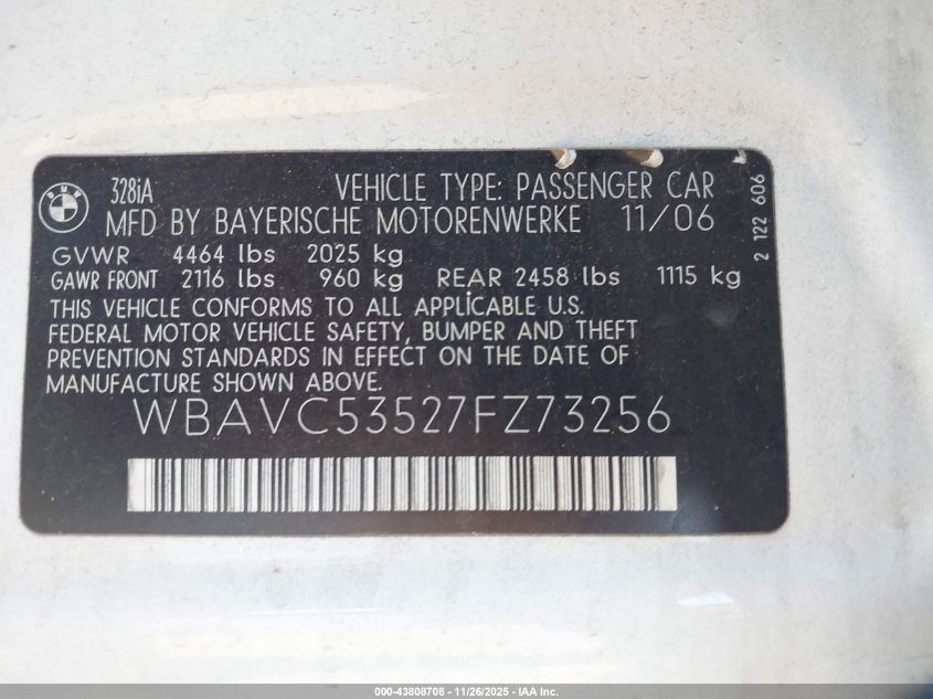 2007 BMW 328I VIN: WBAVC53527FZ73256 Lot: 43808708