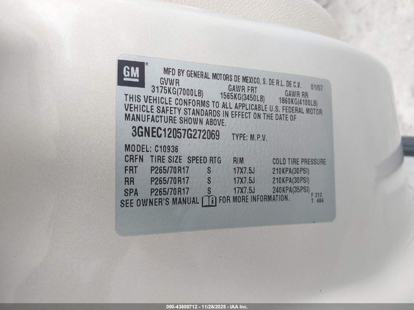 2007 Chevrolet Avalanche 1500 Ls VIN: 3GNEC12057G272069 Lot: 43808712
