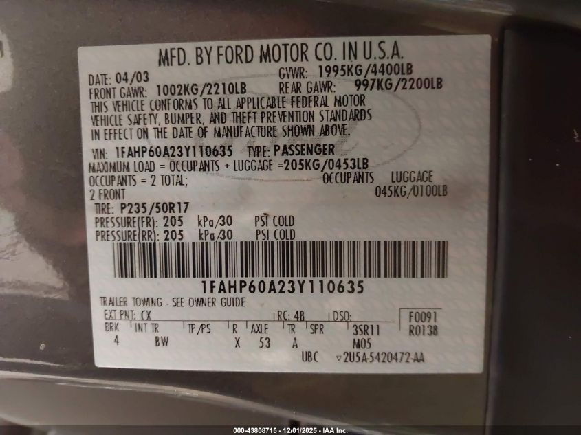 2003 Ford Thunderbird VIN: 1FAHP60A23Y110635 Lot: 43808715