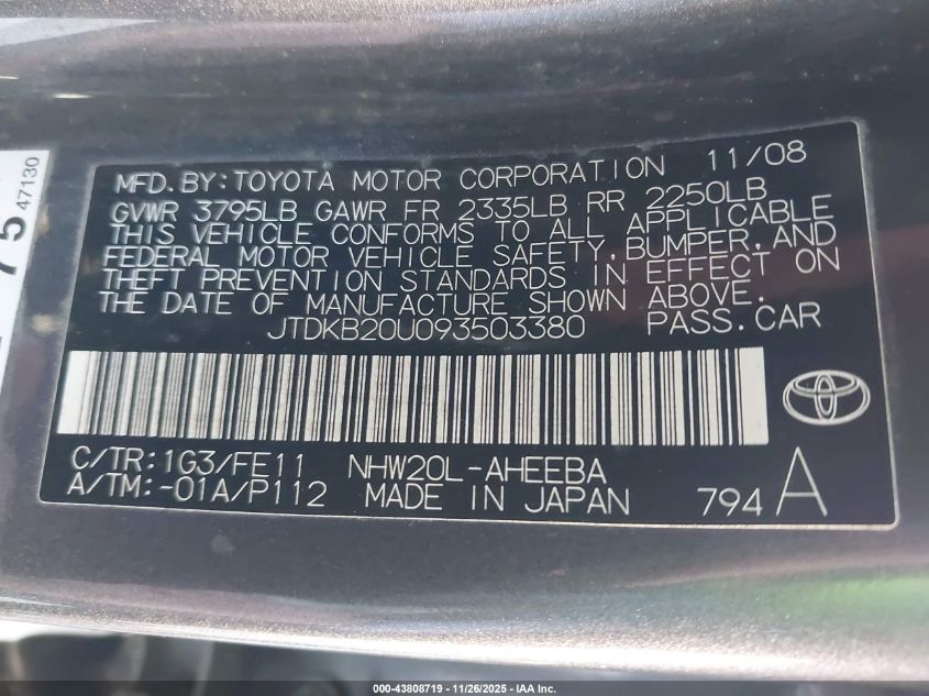 2009 Toyota Prius VIN: JTDKB20U093503380 Lot: 43808719