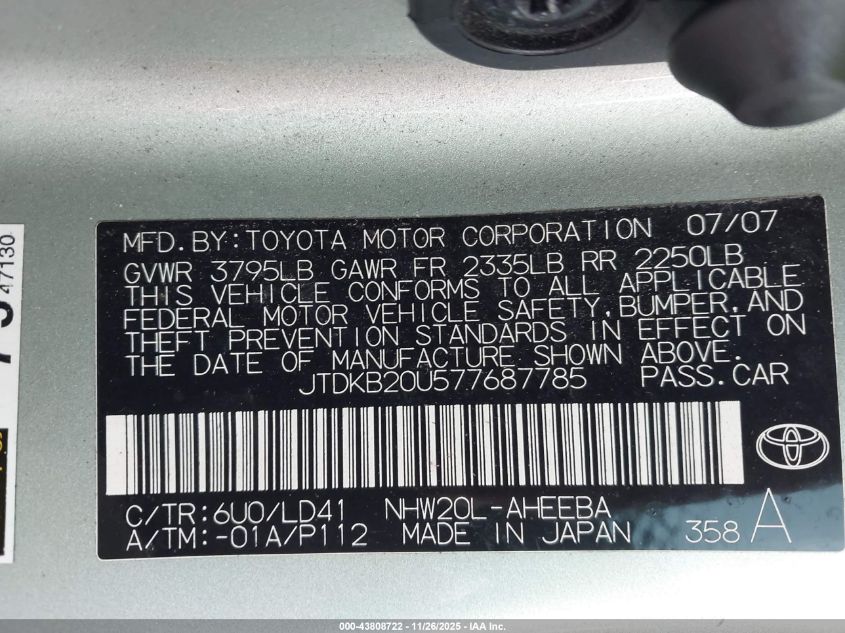 2007 Toyota Prius VIN: JTDKB20U577687785 Lot: 43808722