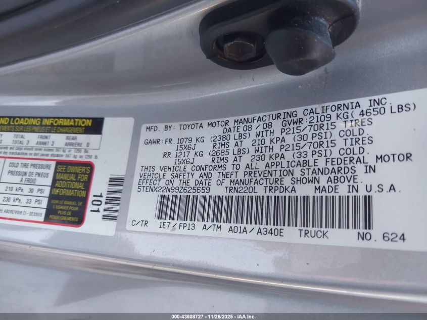 2009 Toyota Tacoma VIN: 5TENX22N99Z625659 Lot: 43808727