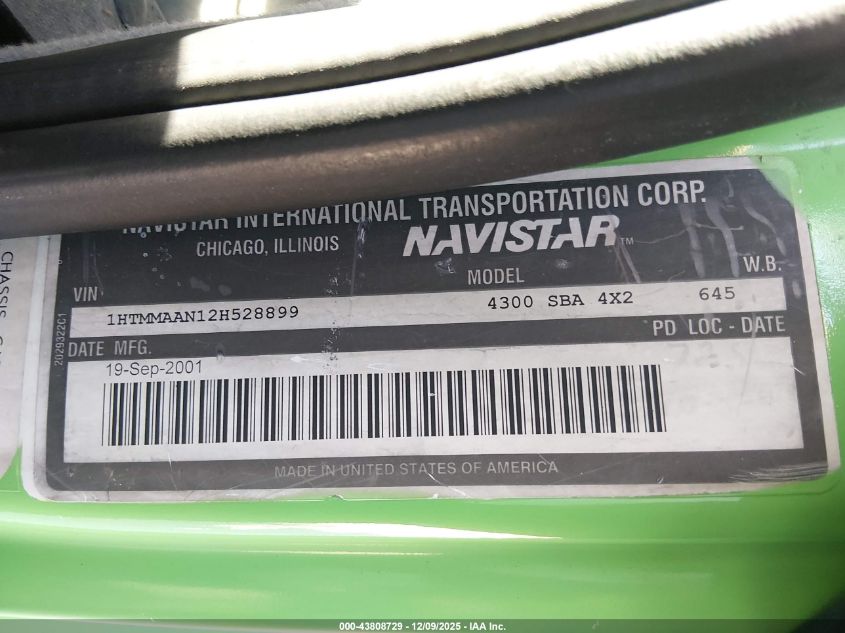 2002 International 4000 4300 VIN: 1HTMMAAN12H528899 Lot: 43808729